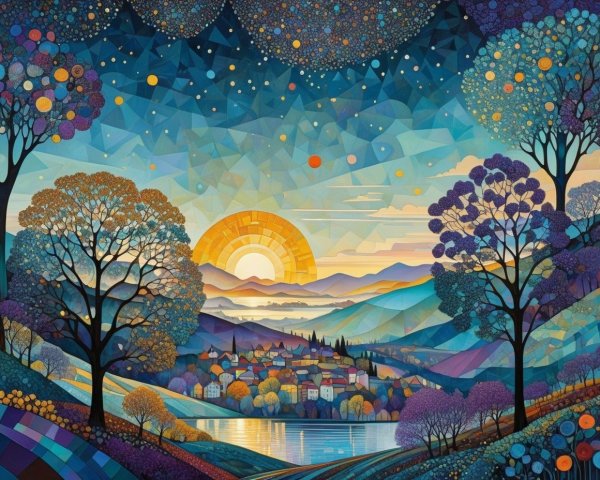 Vibrant Mosaic Landscape with Village and Lake