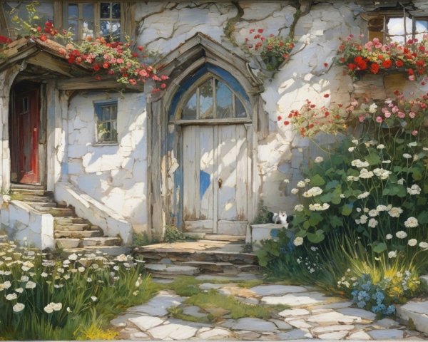 Charming Cottage with Rustic Door and Lush Garden