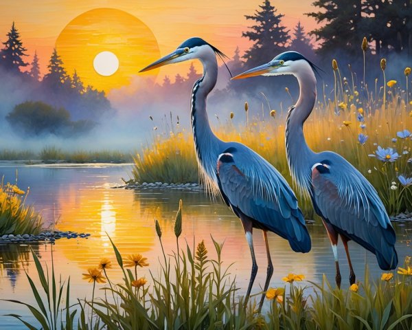 Herons by Tranquil River at Sunrise in Serene Landscape