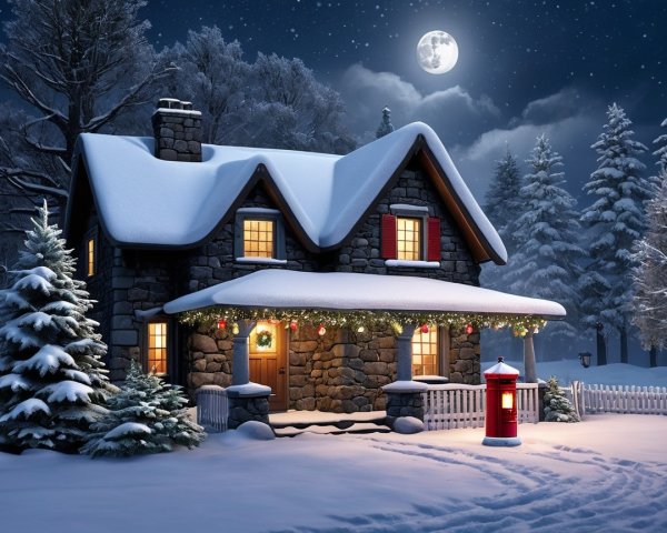 Cozy Stone Cottage in Snowy Winter Landscape