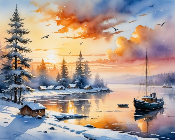 Serene Winter Landscape Watercolor with Cabins and Snow