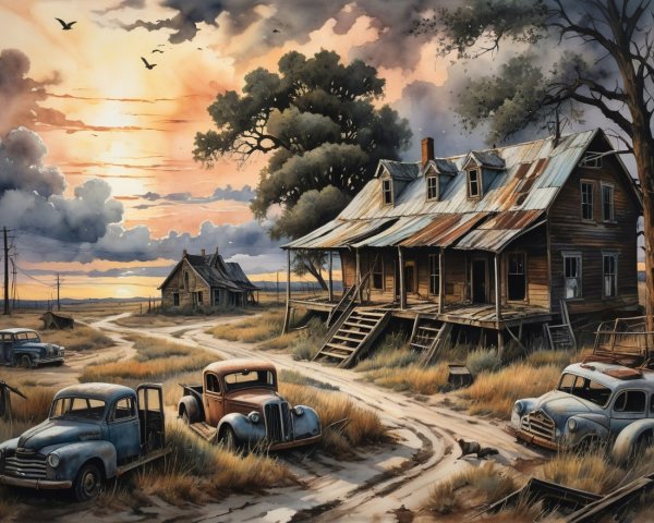 Serene Countryside Scene with Farmhouse at Sunset