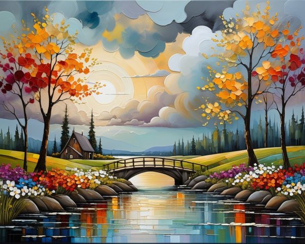 Autumn Landscape with Trees, River, and Cottage