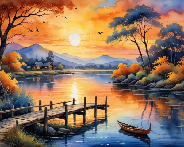 Serene Sunset Landscape with River and Silhouetted Mountains