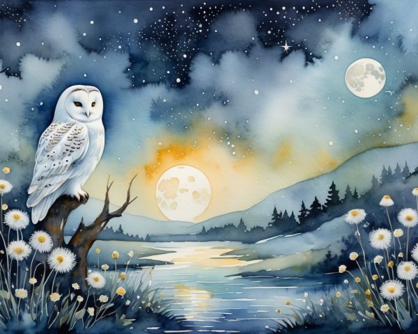Serene landscape with owl, river, and glowing moons