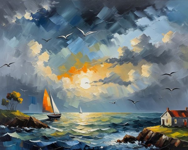 Vibrant Seascape at Sunset with Sailboat and Shoreline