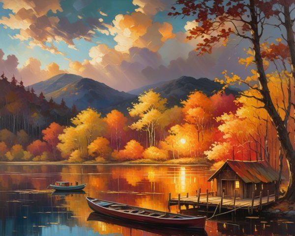 Tranquil Autumn Lake Scene with Rustic Cabin