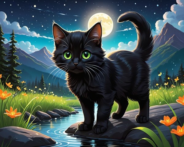 Black Cat by Stream Under Full Moon and Mountains