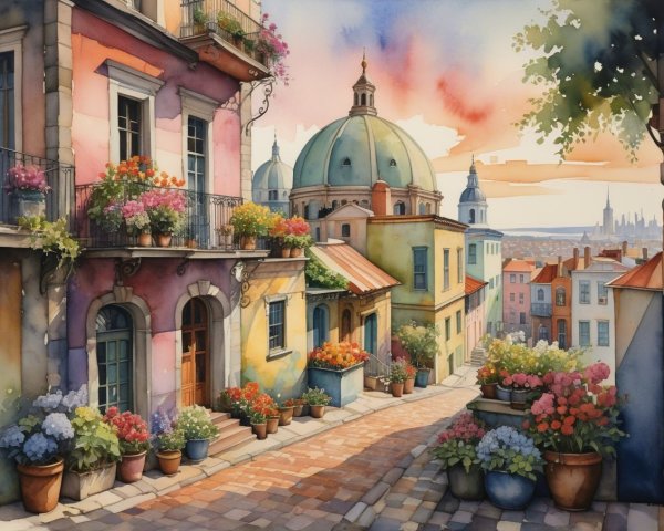 Quaint European Village Street Scene at Sunset