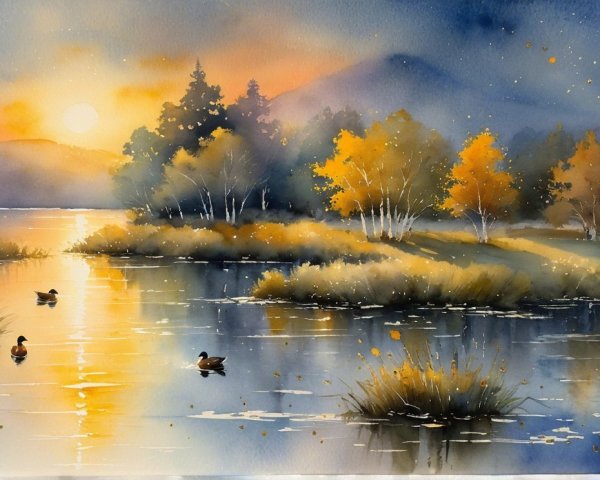 Watercolor Landscape of a Tranquil Lake at Dawn