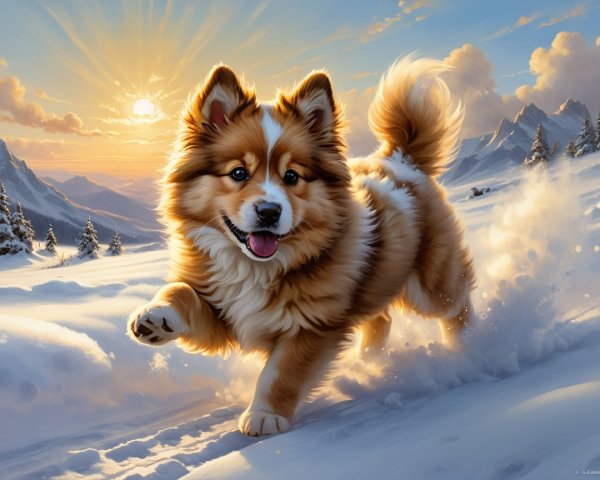 Joyful Dog in Snowy Landscape with Mountains and Trees