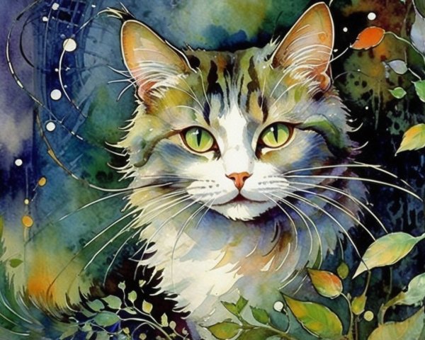 Vibrant Watercolor Cat with Green Eyes and Fluffy Coat