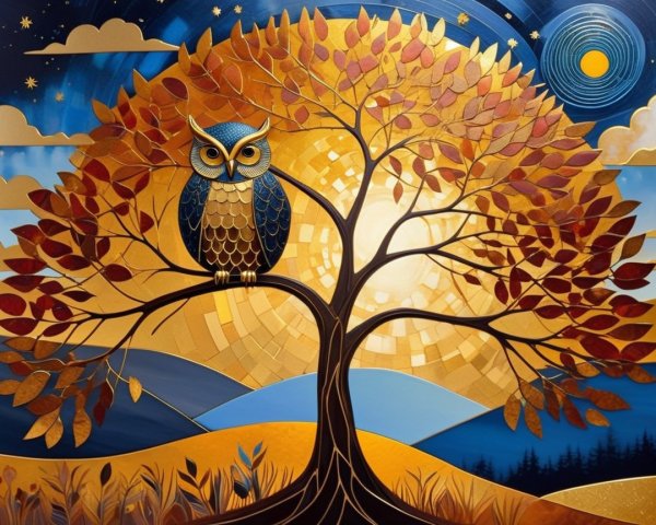 Vibrant Tree with Golden Leaves and Starry Sky