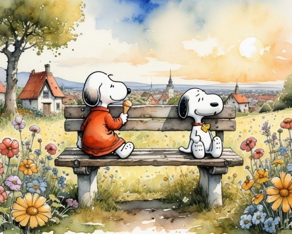 Cartoon Dogs on Bench in Serene Countryside Setting