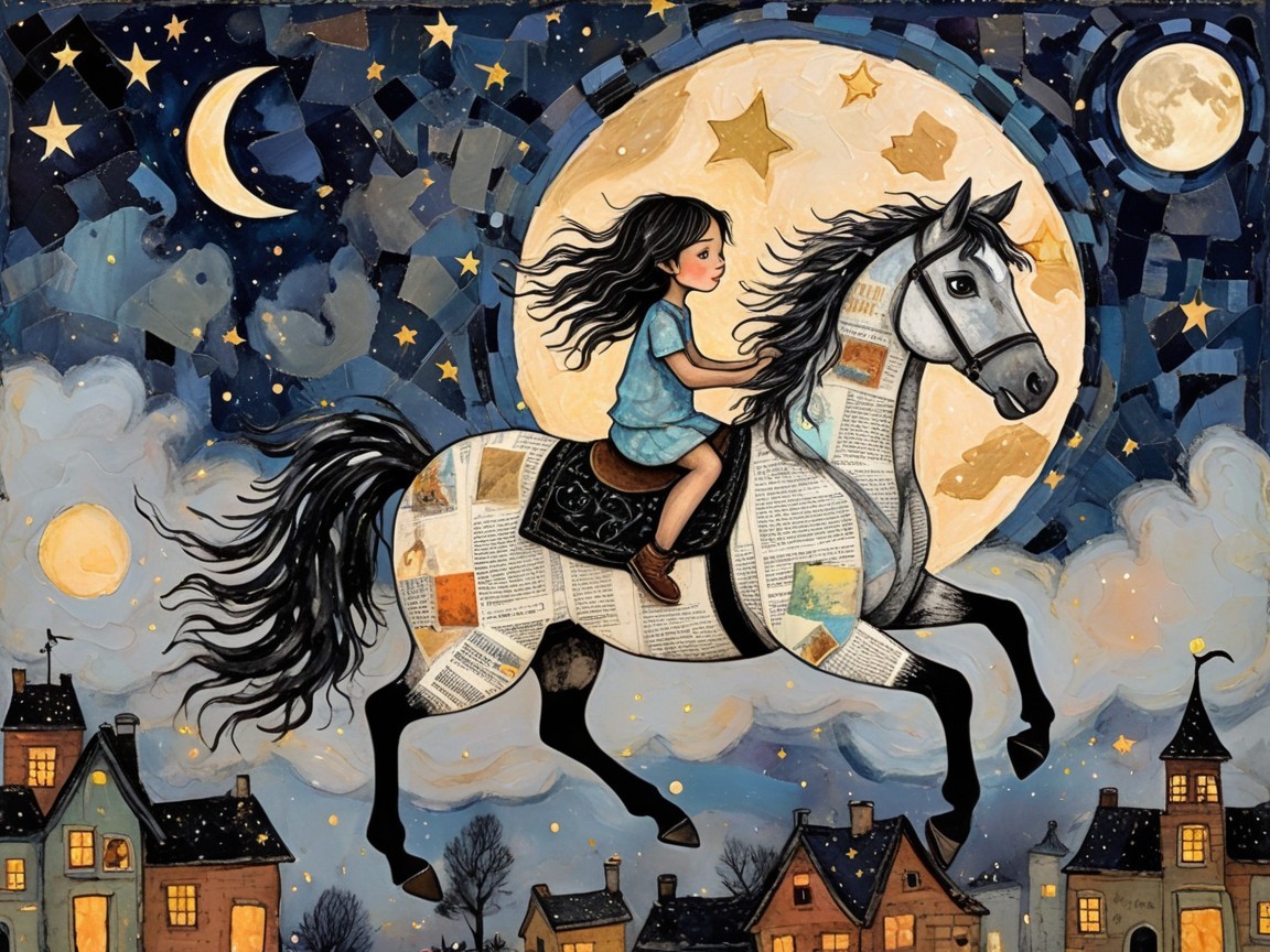 Whimsical Scene of Girl Riding Book-Adorned Horse