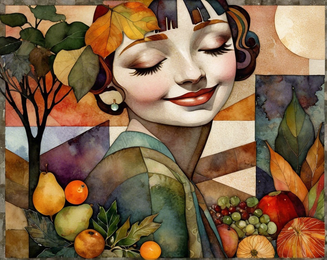 Whimsical Woman Surrounded by Autumn Nature Elements