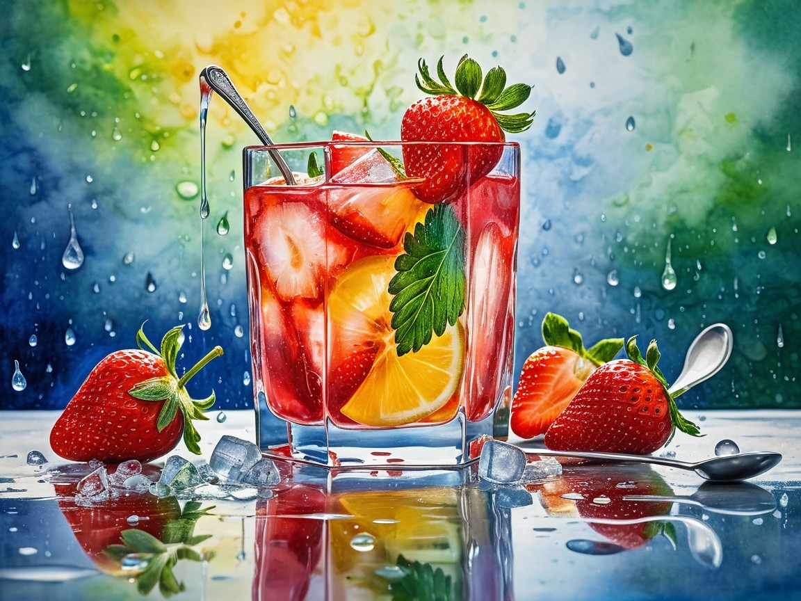 Summer, cool drink with strawberrrys, refreshment, splash, reflection, 