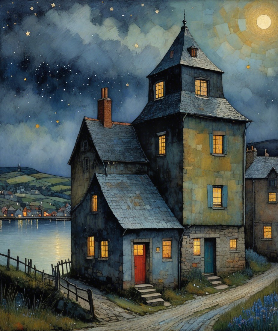 Whimsical Nighttime Village with Illuminated Houses