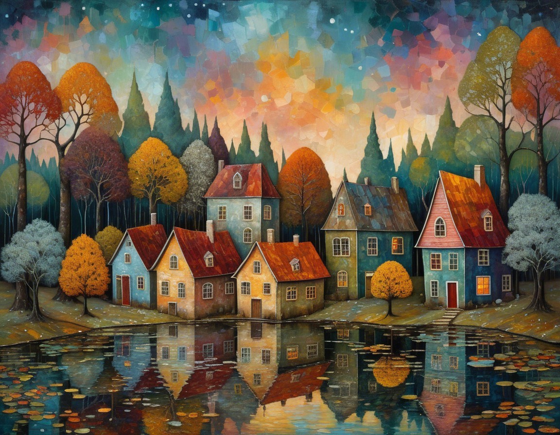 Autumn Landscape with Colorful Houses by a Lake