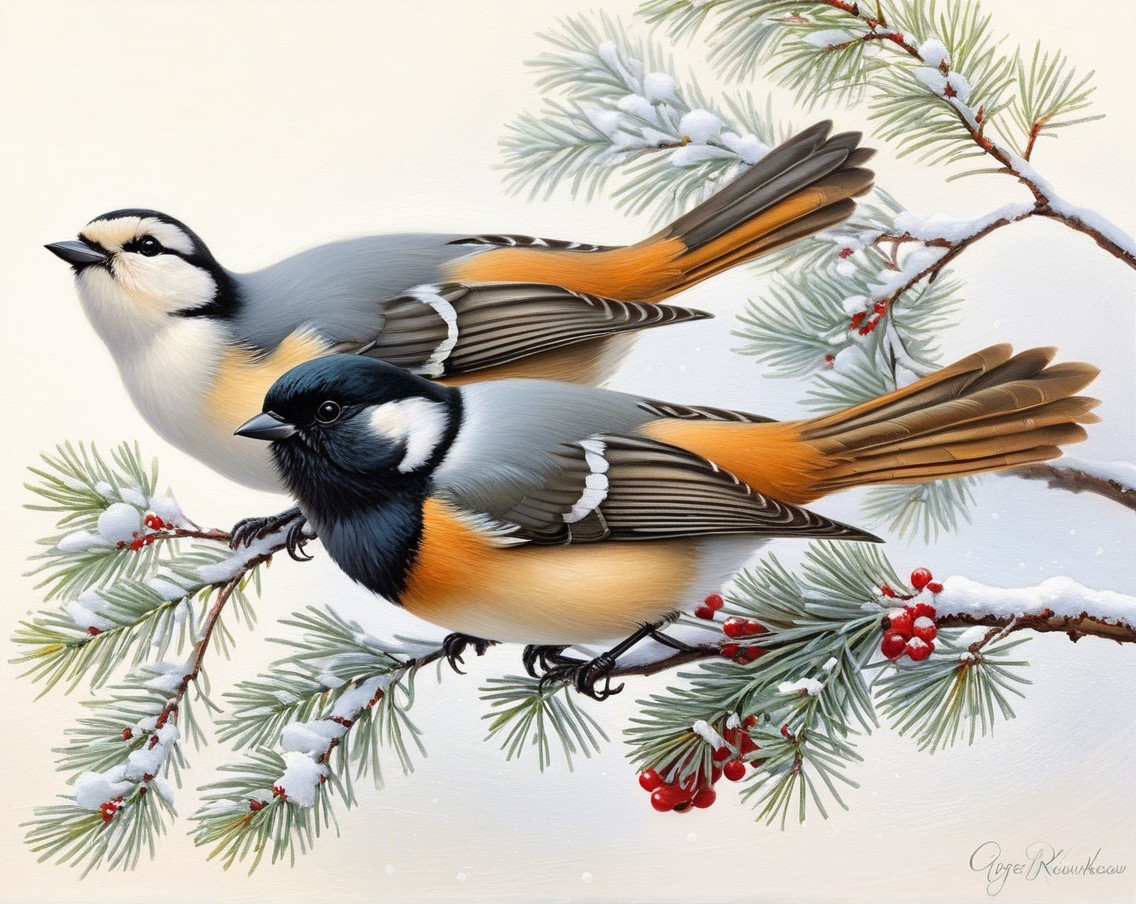 Vivid Winter Scene with Birds on Pine Branch