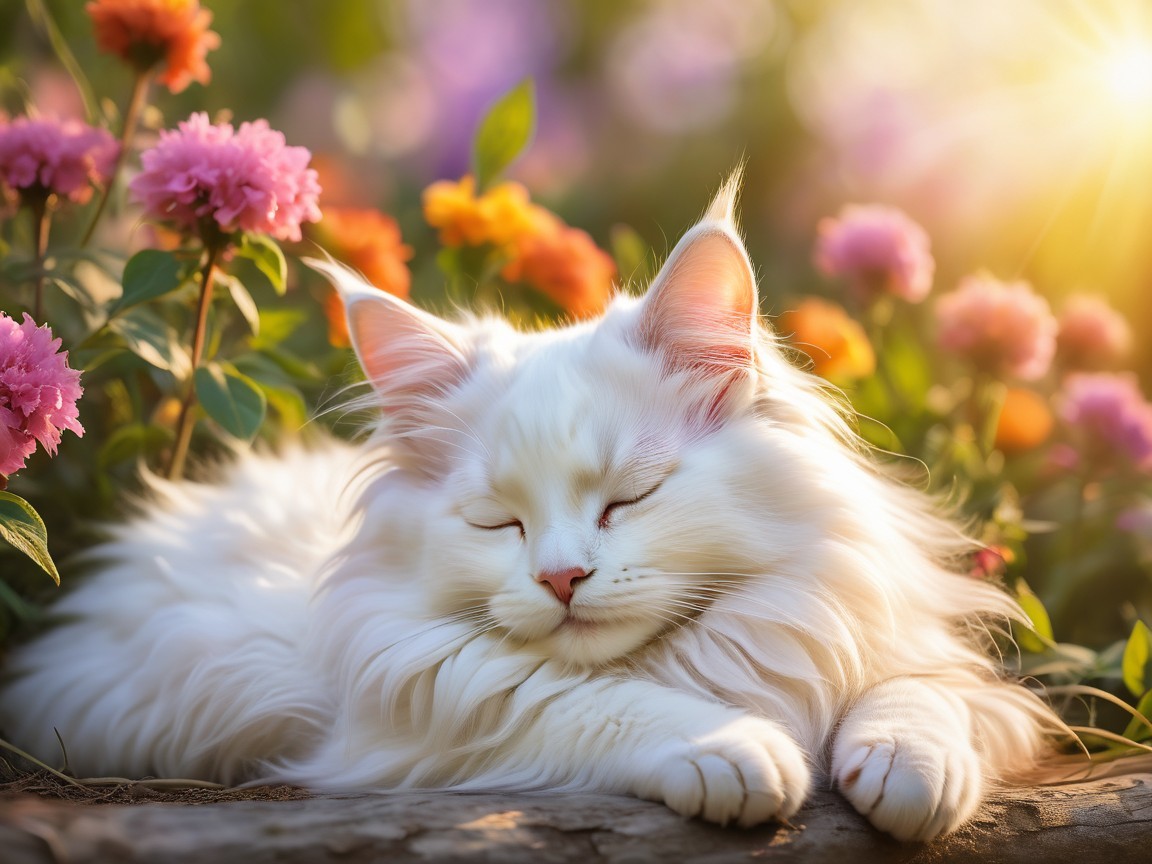 White Cat Resting in a Flower Garden Setting