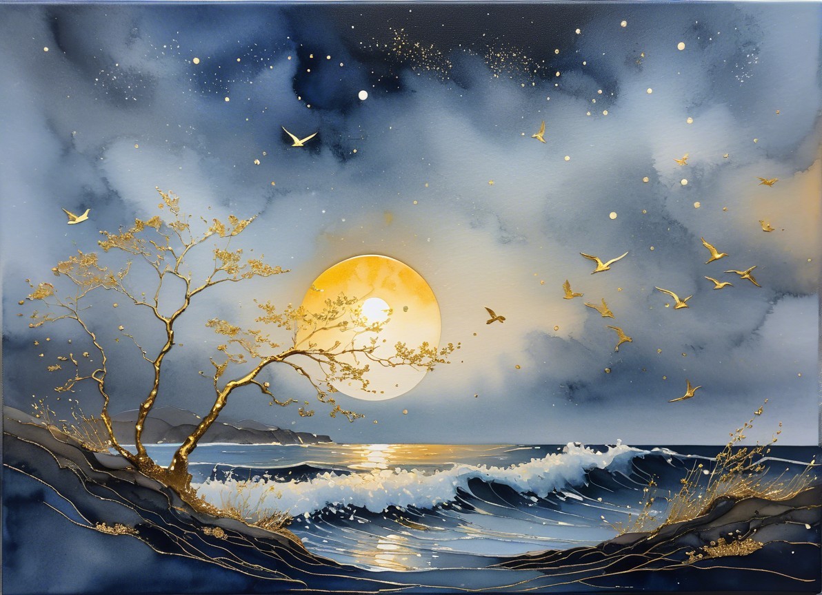 Serene Seascape at Twilight with Full Moon and Waves