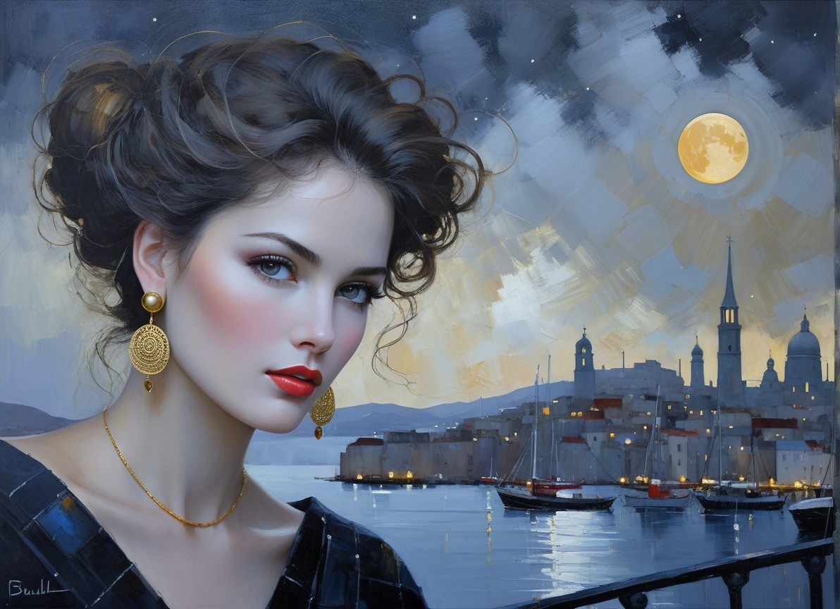 Woman with striking features in a seaside town at night