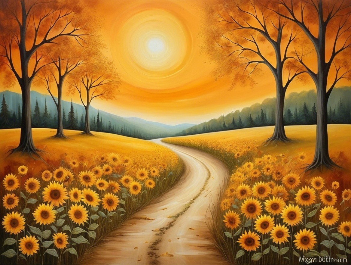 Serene Sunset Landscape with Sunflowers and Hills