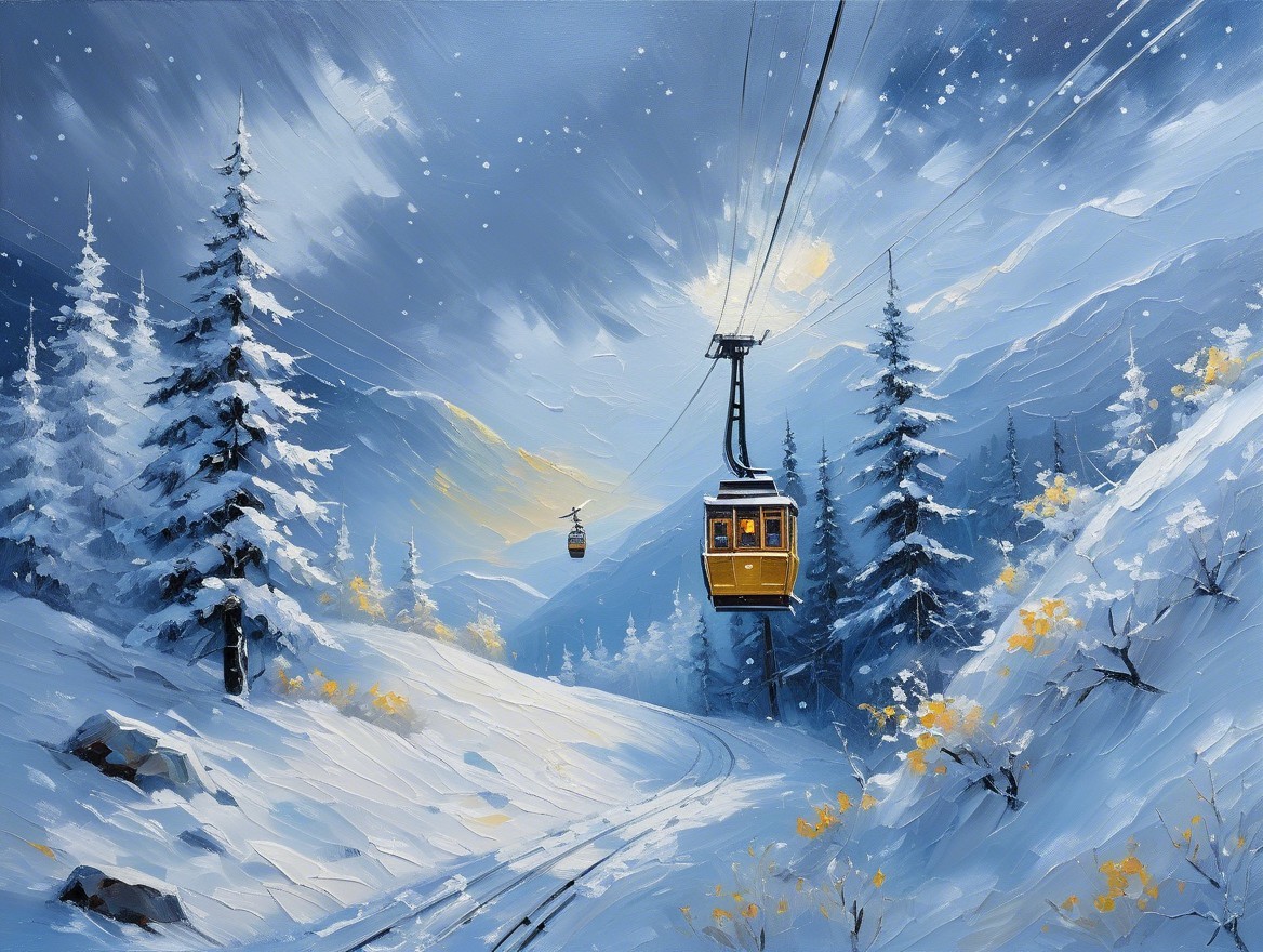 Vibrant winter landscape with yellow cable car and snow