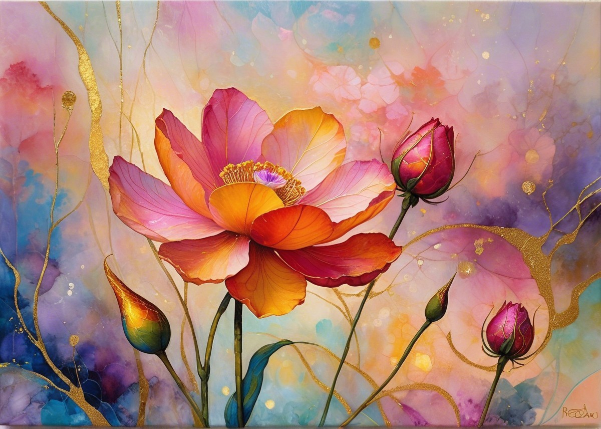 Vibrant Floral Painting with Blooming Flowers and Greenery