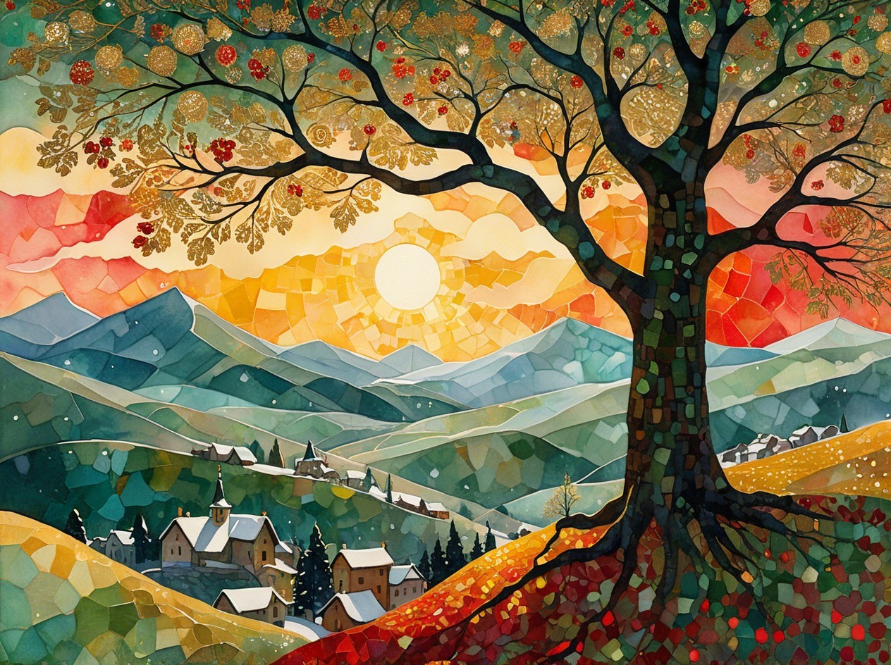 Mosaic Watercolor Painting of a Fantastical Autumn Scene