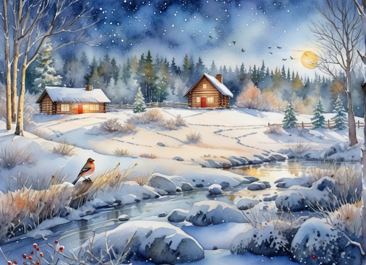 Winter Landscape with Log Cabins and Starry Sky