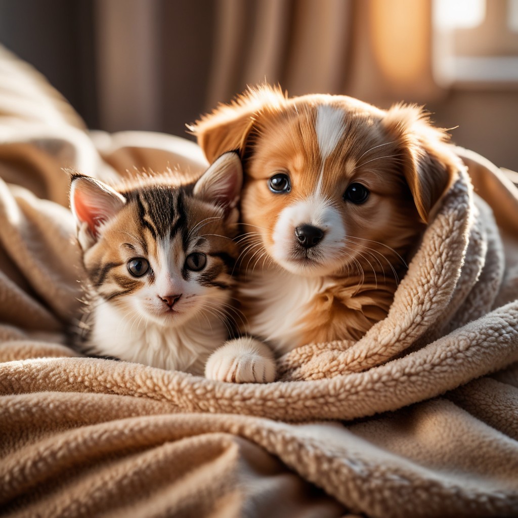 Fluffy Kitten and Playful Puppy Snuggling Together
