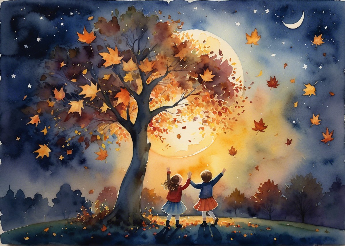 Children Beneath a Colorful Autumn Tree at Night