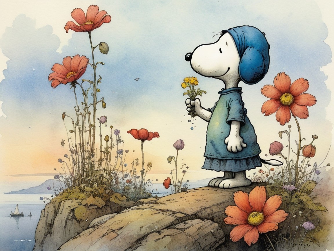 Cartoon Dog on Rocky Outcrop with Vibrant Flowers