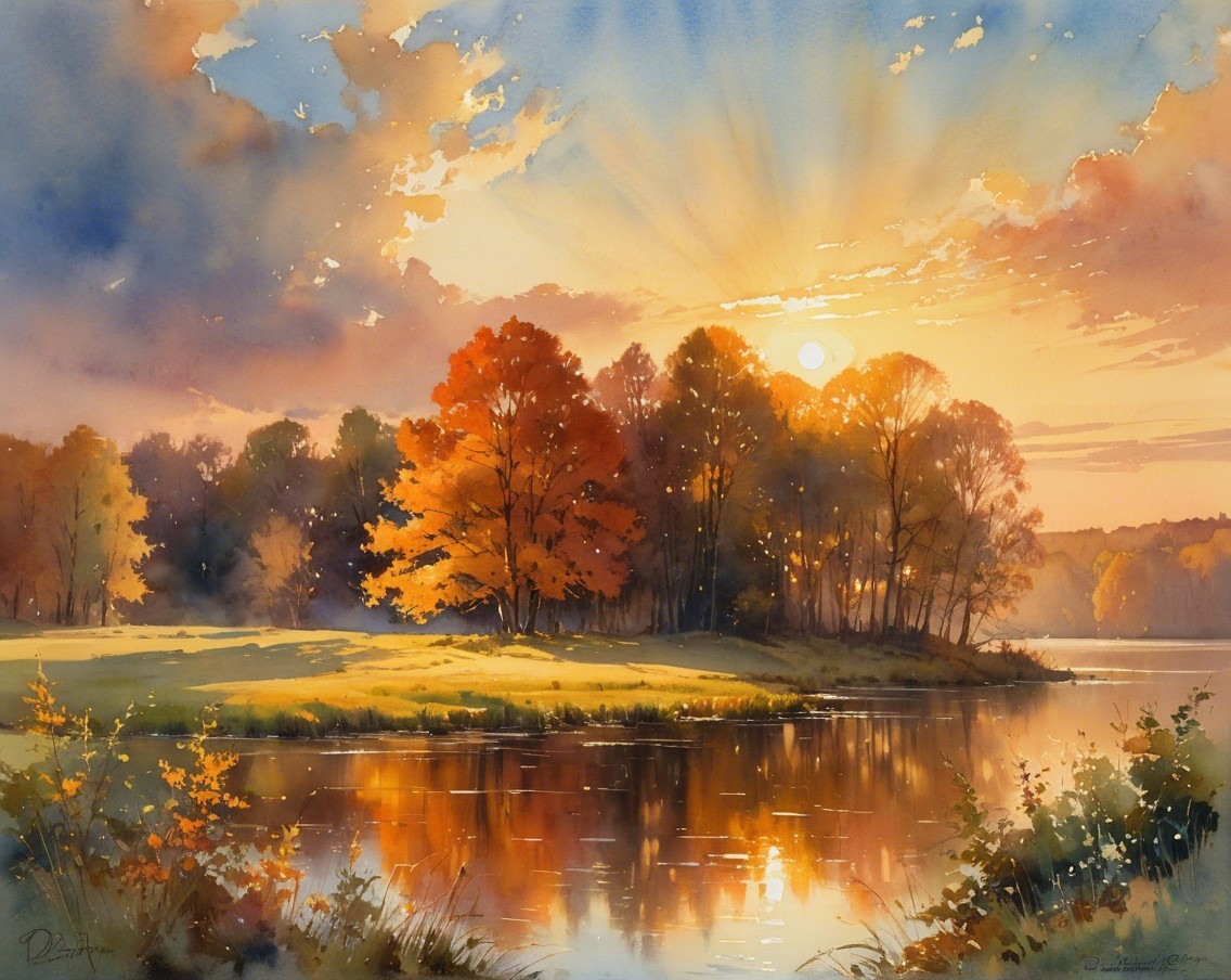 Tranquil Lake at Sunset Surrounded by Autumn Trees