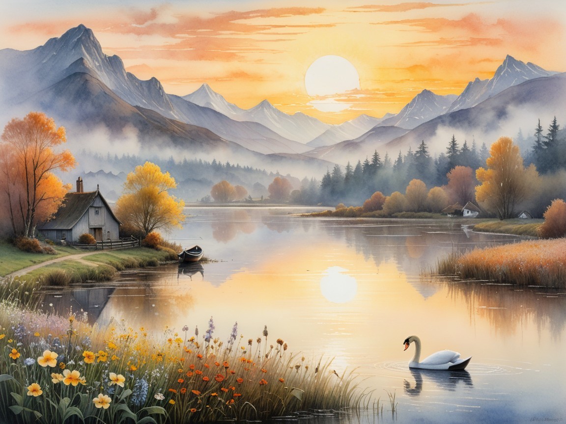 Serene Sunset Landscape with Lake and Mountains