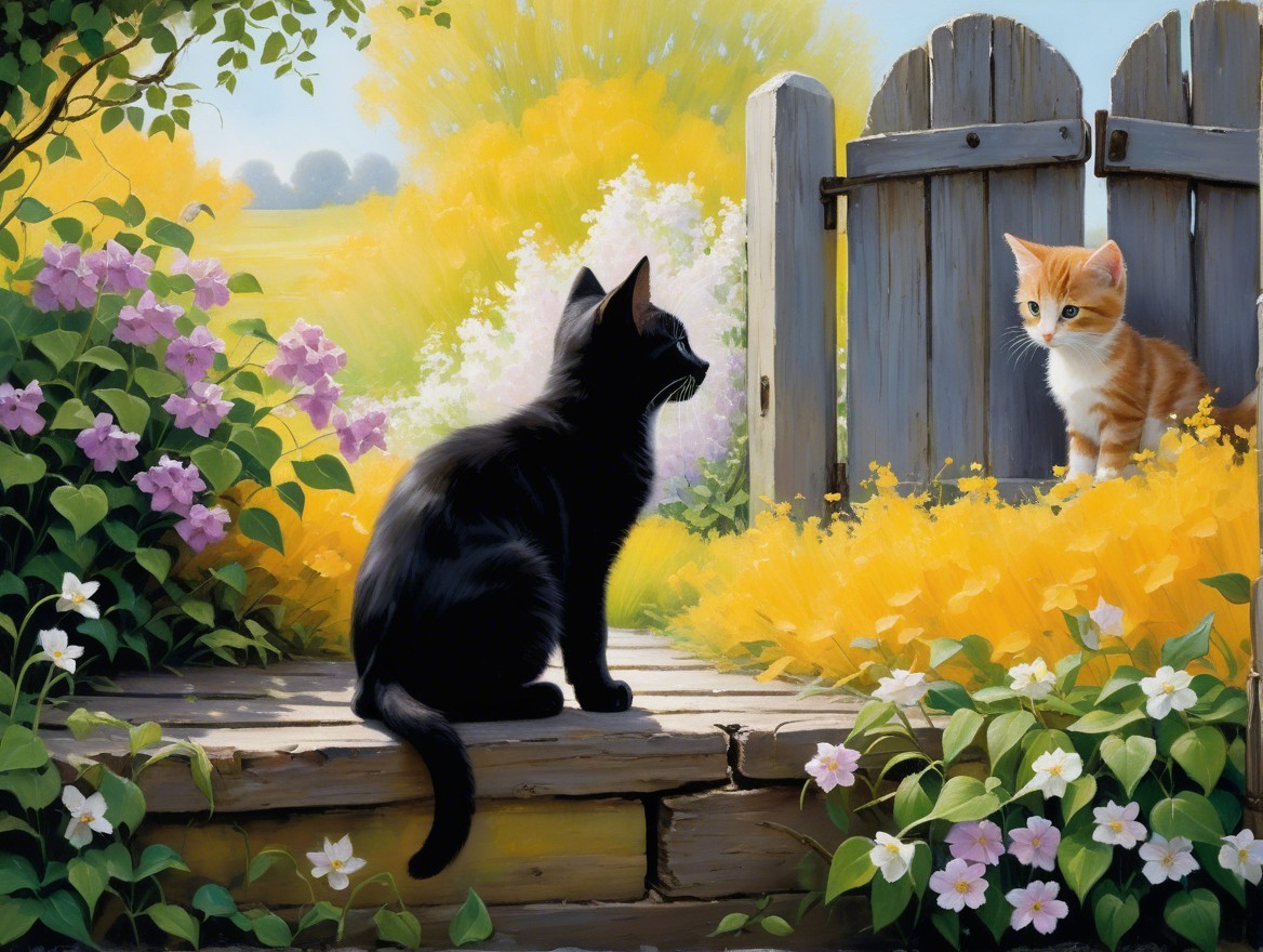 Black Cat and Orange Kitten in a Sunlit Garden
