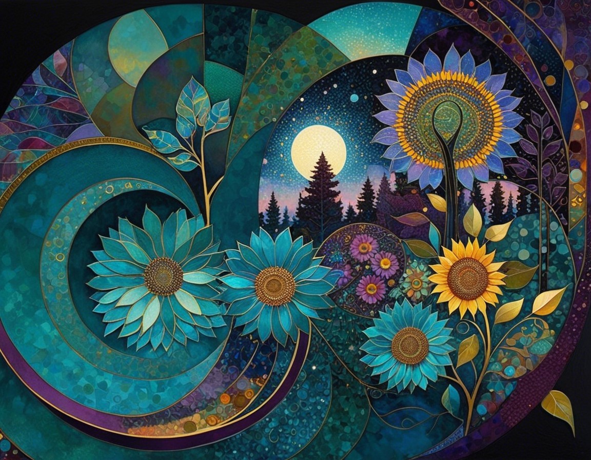 Abstract Nature Art with Sunflowers and Moonlight