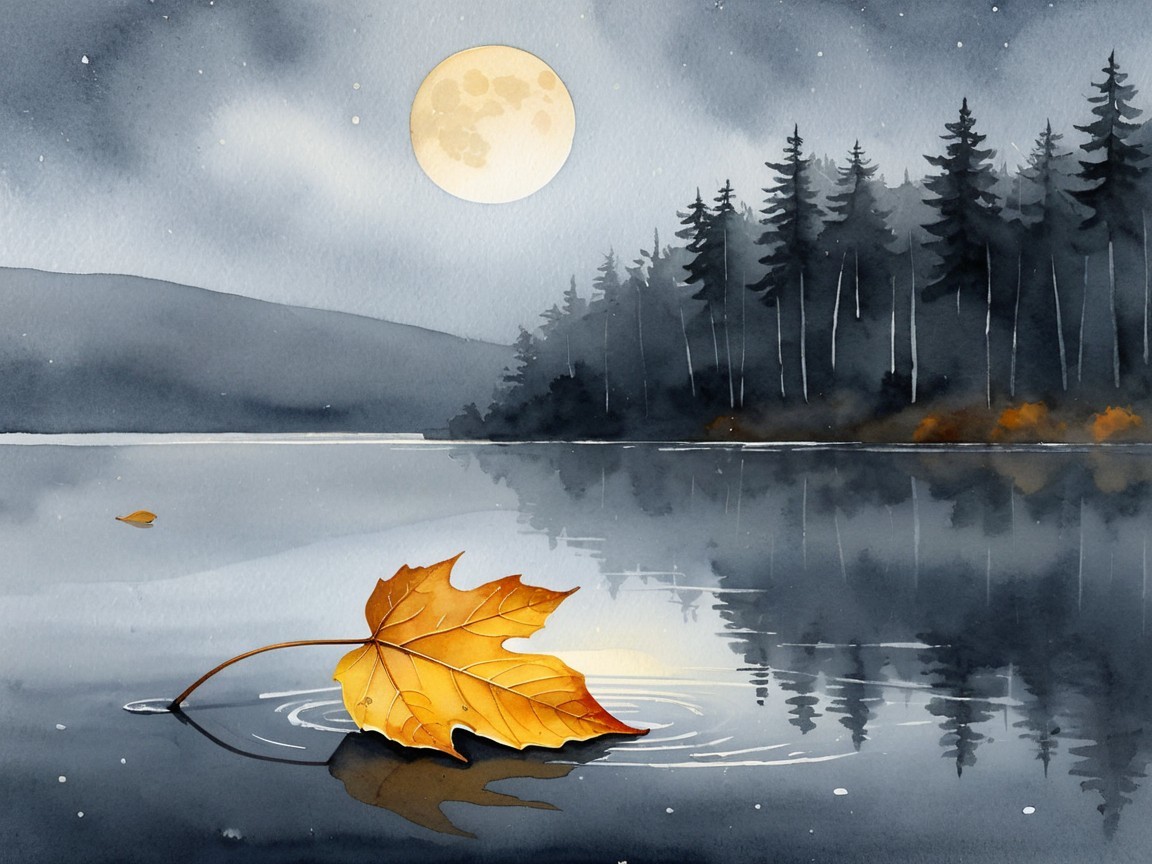 Tranquil Lakeside Scene with Maple Leaf at Dusk