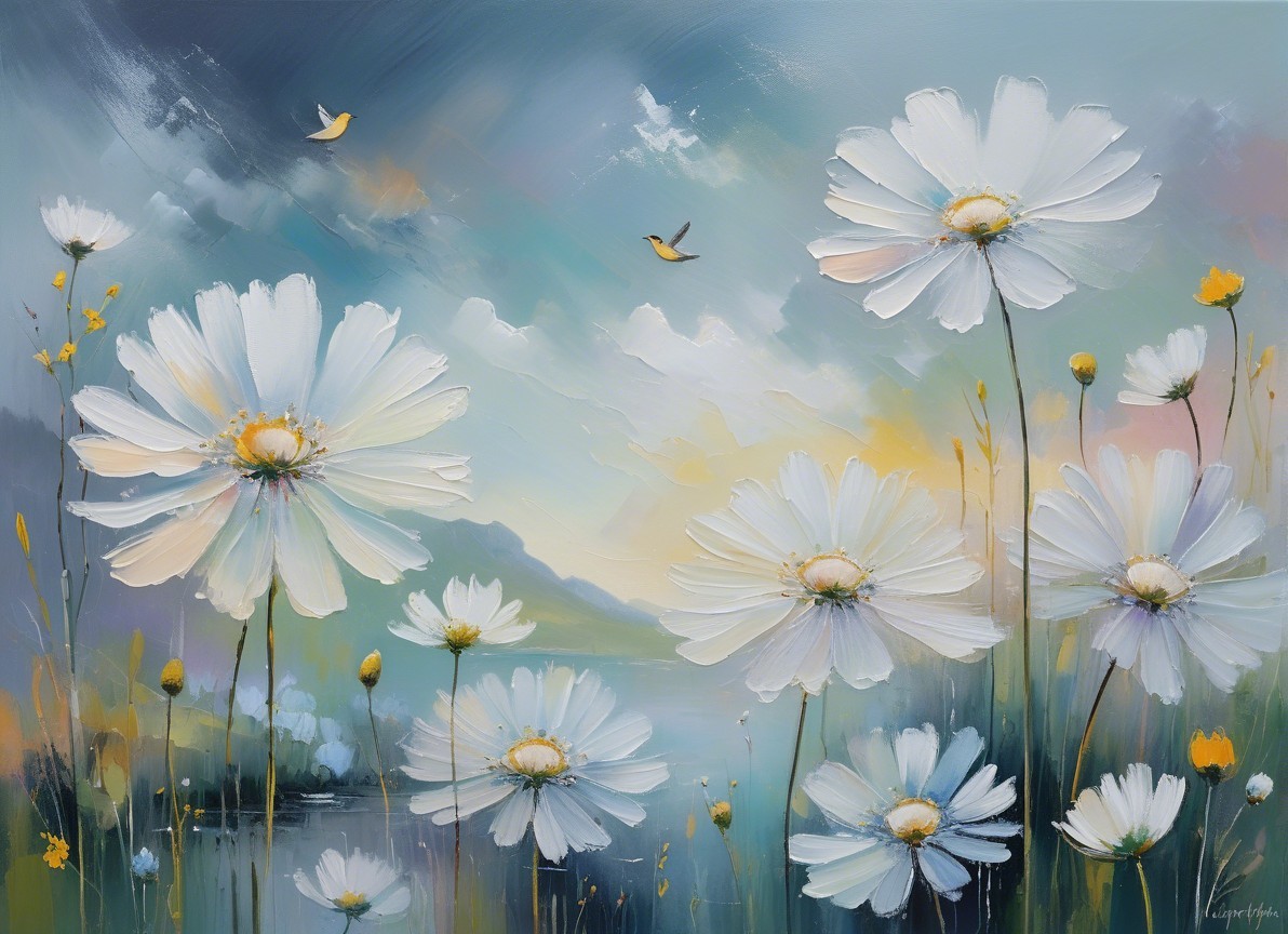 Impressionistic Painting of White Daisies and Birds