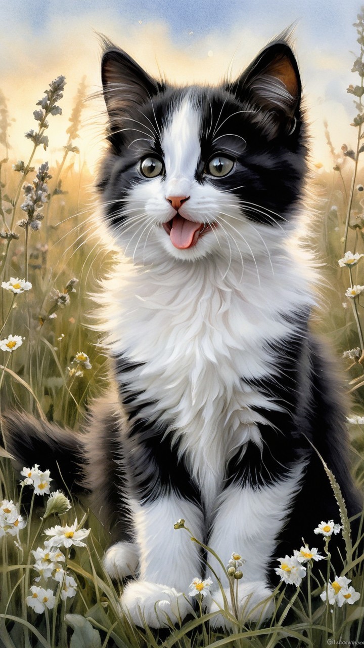 Tuxedo Kitten in Wildflower Field at Sunset
