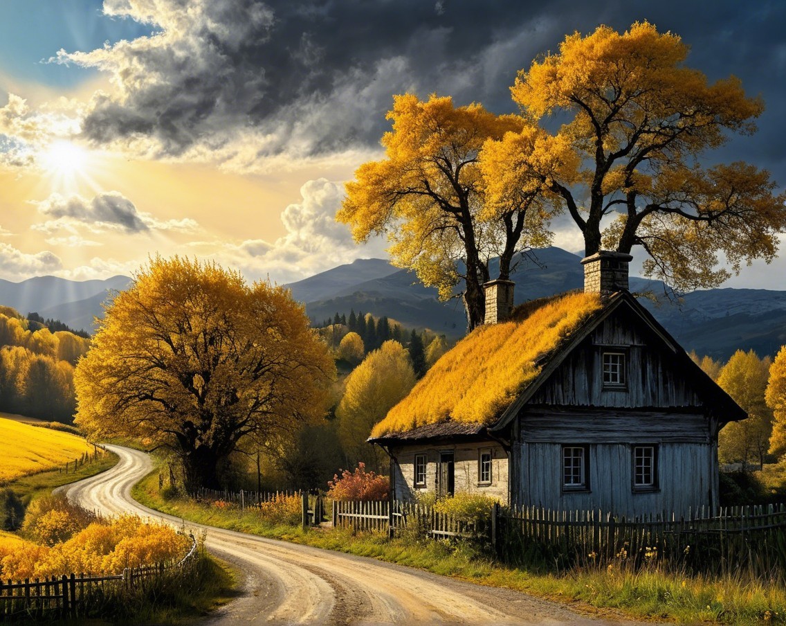 Rustic cottage amid autumn foliage and rolling hills