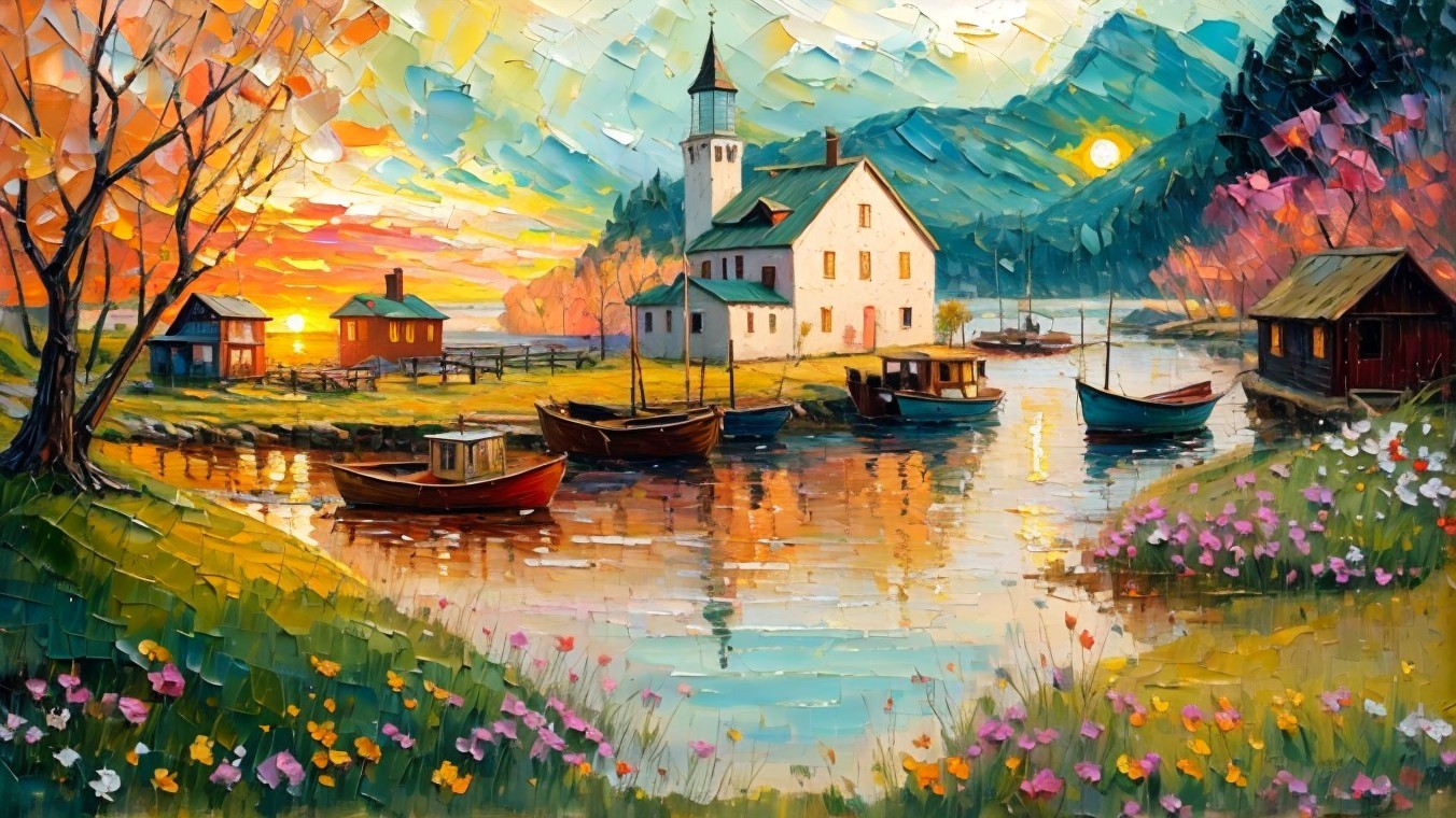 Vibrant Sunset Over Tranquil River Landscape