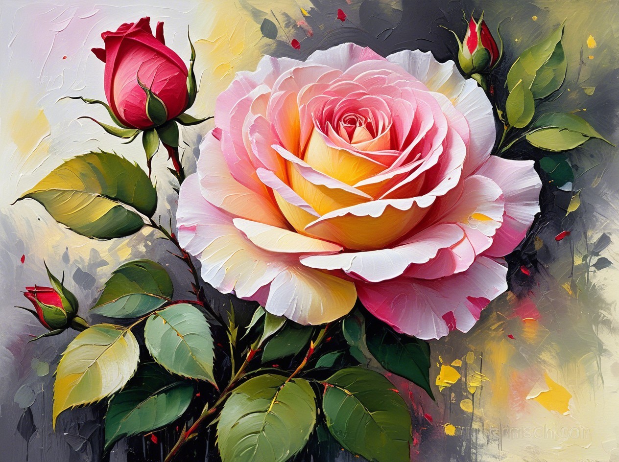 Vibrant Oil Painting of Central Rose with Textured Details