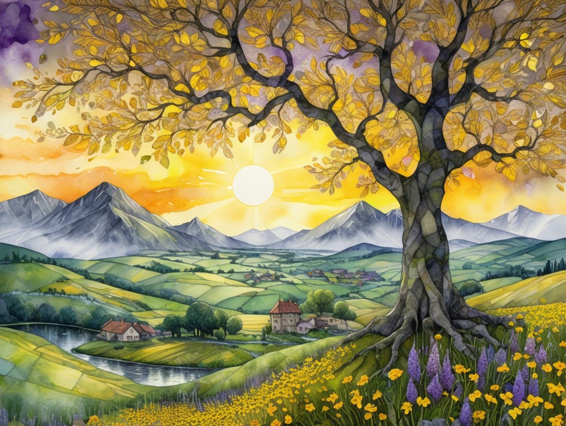 Vibrant Sunset Landscape with Majestic Tree and River