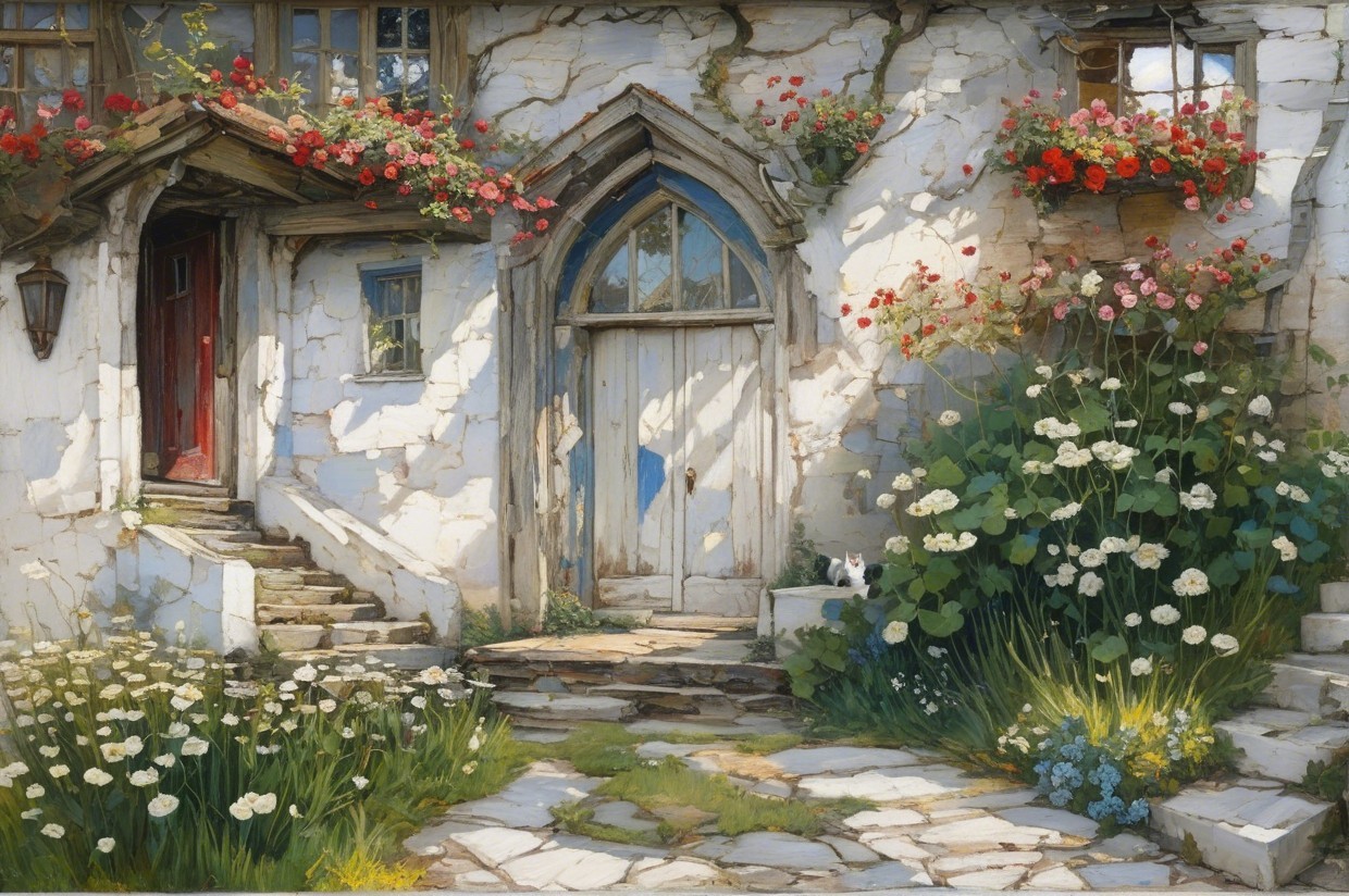 Charming Cottage with Rustic Door and Lush Garden