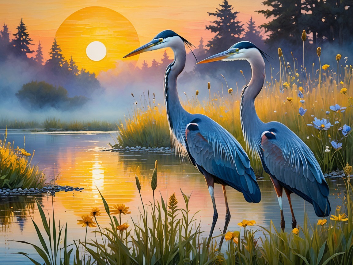 Herons by Tranquil River at Sunrise in Serene Landscape