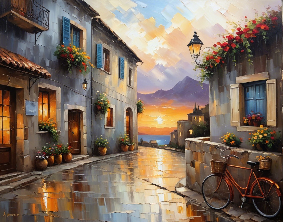 Charming Cobblestone Street at Sunset with Scenic Views