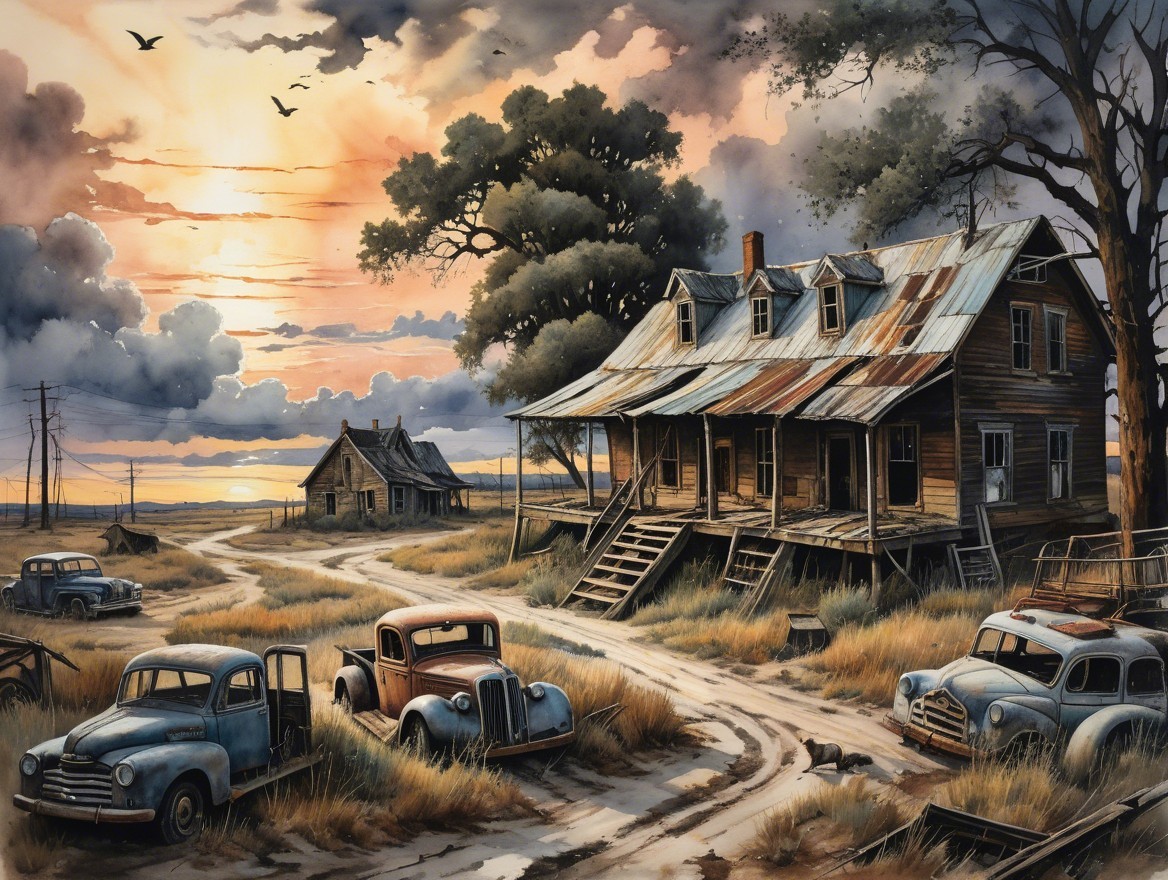 Serene Countryside Scene with Farmhouse at Sunset
